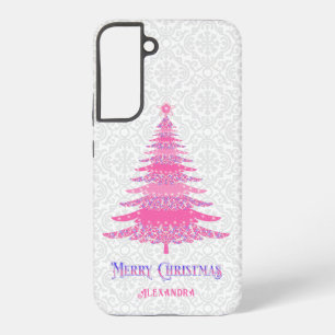 Pink Christmas Tree Name Custom Elegant Modern Samsung Galaxy S22+ Case