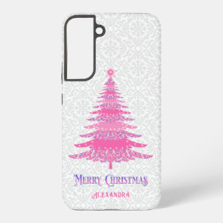 Pink Christmas Tree Name Custom Elegant Modern Samsung Galaxy S22+ Case