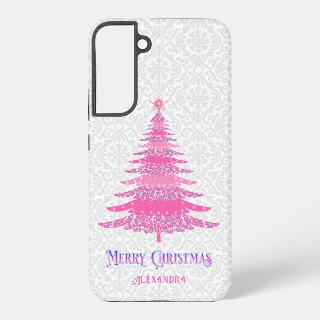 Pink Christmas Tree Name Custom Elegant Modern Samsung Galaxy Case (Back)