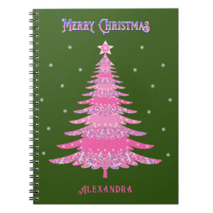 Pink Christmas Tree Name Custom Green Notebook