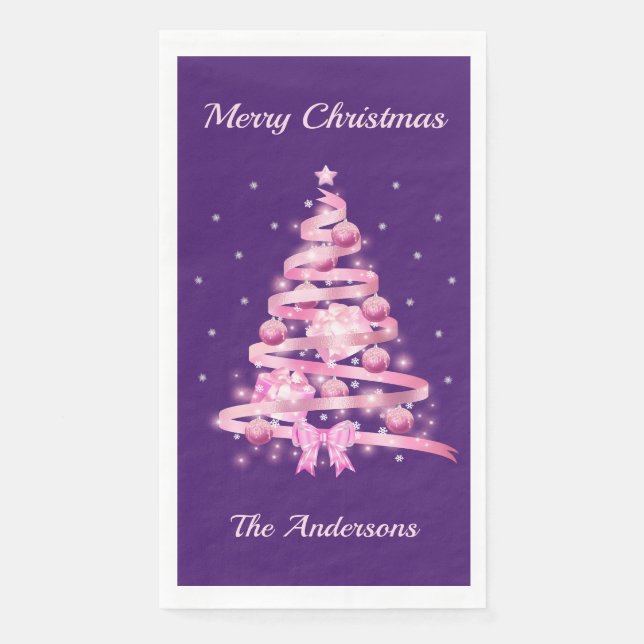 Pink Christmas Tree Name Custom Paper Guest Towels (Front)