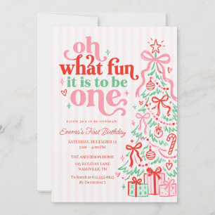 Pink Christmas Tree Oh What Fun First Birthday Invitation