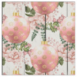 Pink Christmas Tree Ornaments and Flowers on Wood Fabric