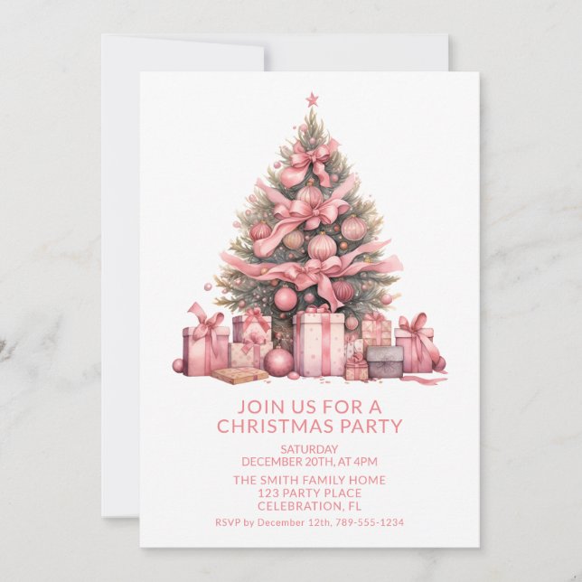Pink Christmas Tree Party Invitation (Front)