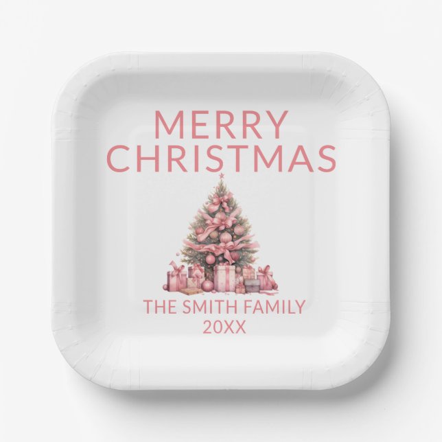 Pink Christmas Tree Party Paper Plates (Front)