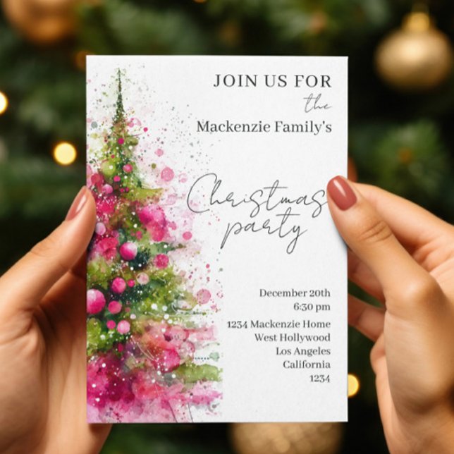  Pink Christmas Tree Party Personalized Invitation (Pink Christmas Tree Party Personalized Invitation
 by Ricaso. Modern watercolor holiday party invite)