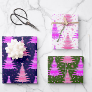 Pink Christmas Tree Pattern Design Wrapping Paper Sheets
