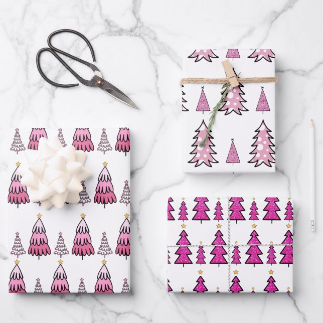 Pink Christmas Tree Pattern Glitter & Leopard Fun  Wrapping Paper Sheets (Front)