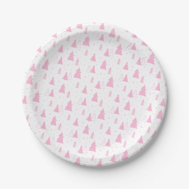 Pink Christmas Tree Pattern Paper Plates (Front)