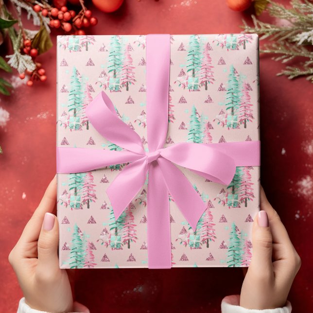 Pink Christmas Tree Pattern Teal Holiday Wrapping Paper (Creator Uploaded)