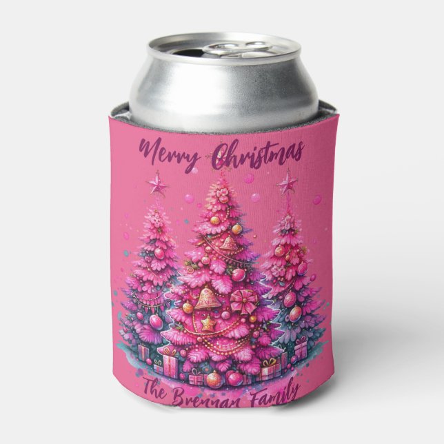 Pink Christmas Tree Personalized Family Can Cooler (Can Front)