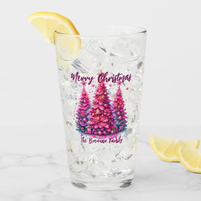 Pink Christmas Tree Personalized Family Glass (Front Ice)