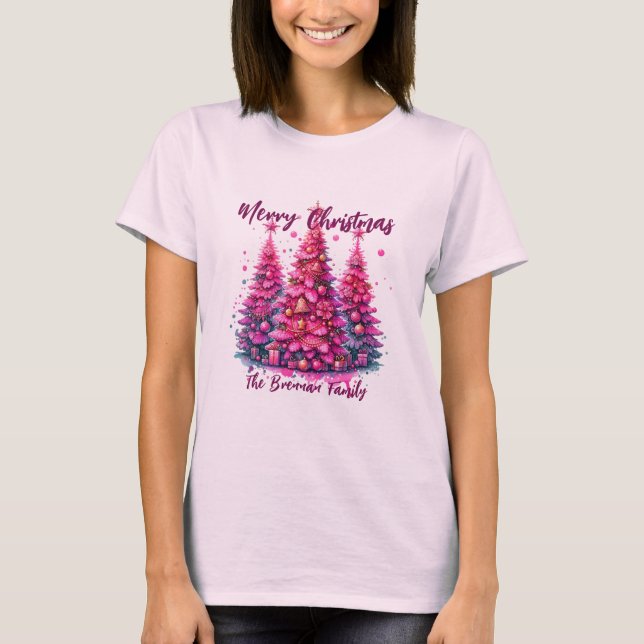 Pink Christmas Tree Personalized Family T-Shirt (Front)