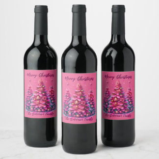 Pink Christmas Tree Personalized Family Wine Label