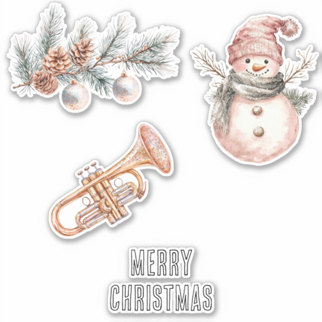 Pink Christmas Tree Pine Cones Ornaments Trumpet Sticker (Front)