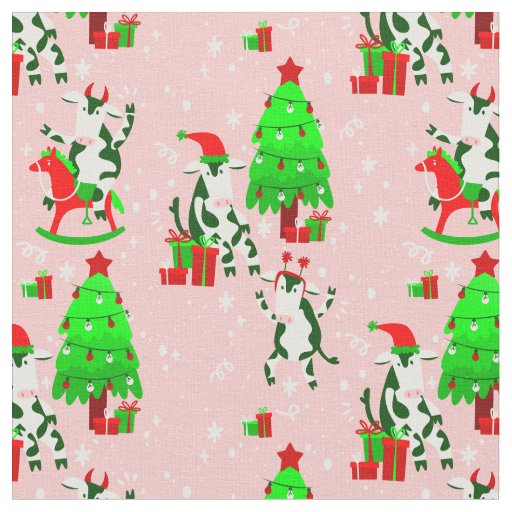 pink christmas tree santa cow fabric