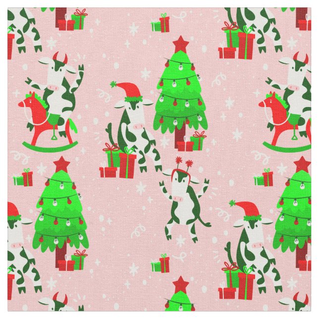 pink christmas tree santa cow fabric (Close Up)
