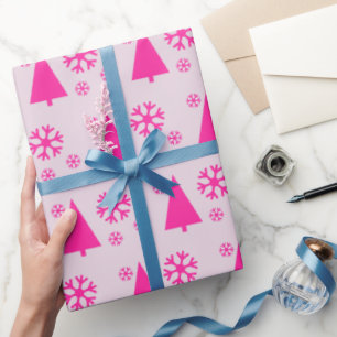 Pink Christmas Tree Snowflakes Wrapping Paper