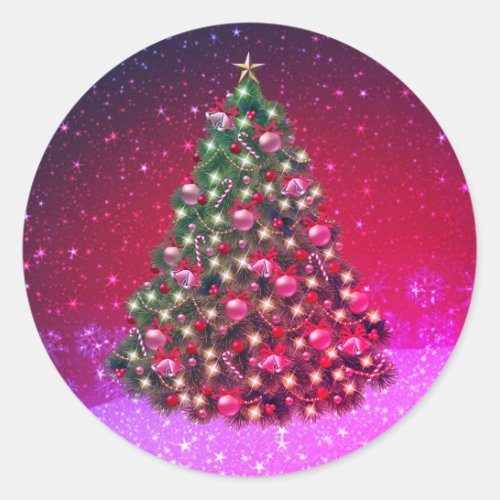 Pink Christmas Tree Sparkle Design Classic Round Sticker