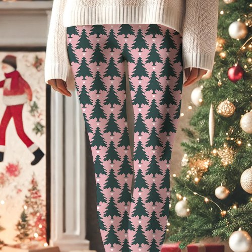 Pink Christmas Tree Star Pattern Holiday Leggings