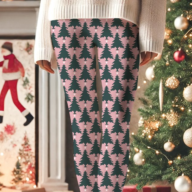 Pink Christmas Tree Star Pattern Holiday Leggings (Creator Uploaded)
