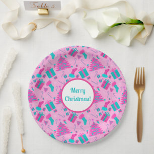 Pink Christmas tree stocking candy cane presents Paper Plates