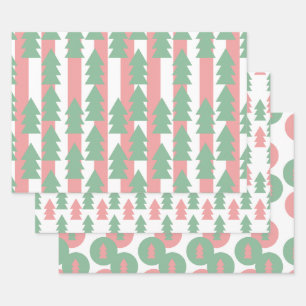 Pink Christmas Tree Stripes and Dots Ornaments Wrapping Paper Sheets