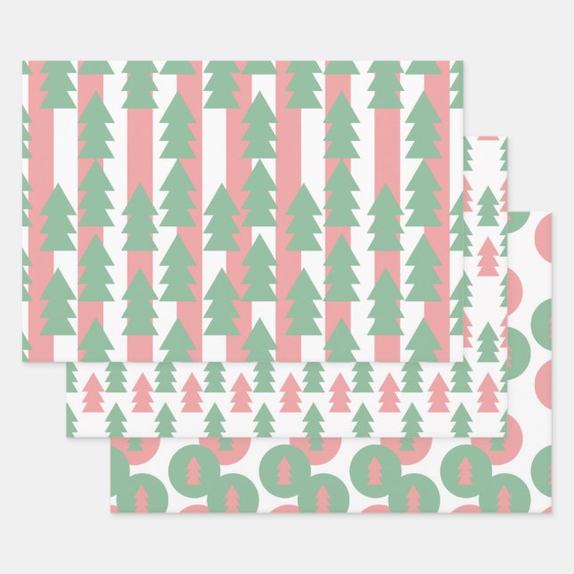 Pink Christmas Tree Stripes and Dots Ornaments Wrapping Paper Sheets (Set)