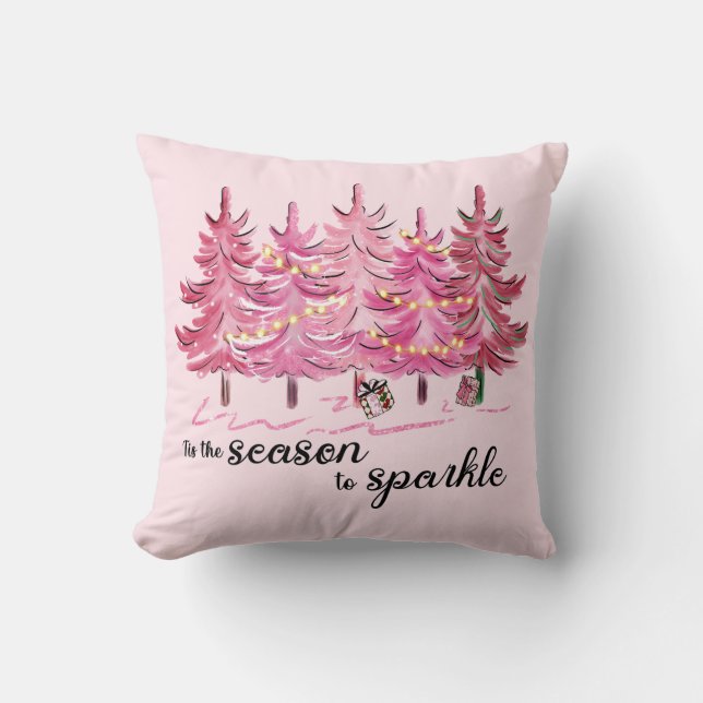 Pink Christmas Tree Throw Pillow, Christmas Pillow (Front)