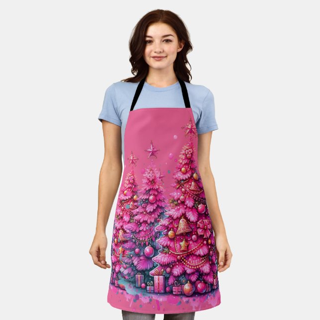 Pink Christmas Tree Trendy Preppy Aesthetic Apron (Worn)