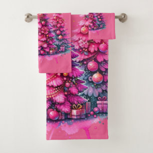 Pink Christmas Tree Trendy Preppy Aesthetic Bath Towel Set
