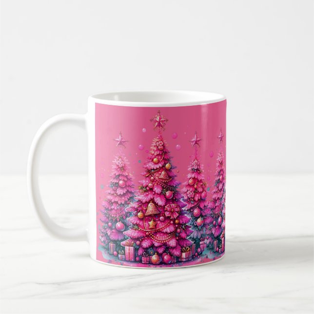 Pink Christmas Tree Trendy Preppy Aesthetic Coffee Mug (Left)