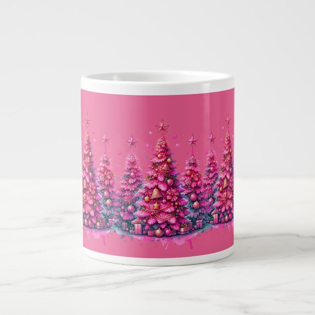 Pink Christmas Tree Trendy Preppy Aesthetic Giant Coffee Mug (Front)