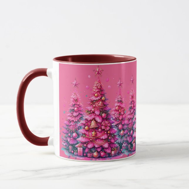 Pink Christmas Tree Trendy Preppy Aesthetic Mug (Left)
