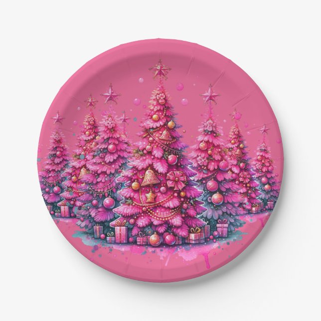 Pink Christmas Tree Trendy Preppy Aesthetic Paper Plates (Front)