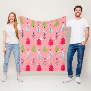 Pink Christmas Tree Whimsical Holiday Pattern Fleece Blanket