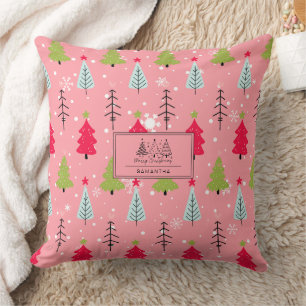Pink Christmas Tree Whimsical Holiday Pattern Throw Pillow