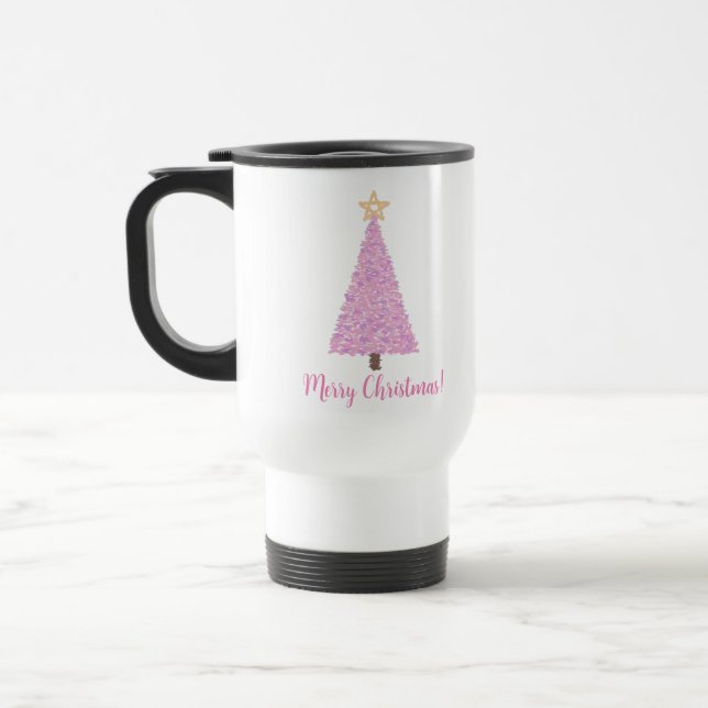 Pink christmas tree with  star travel mug (Left)