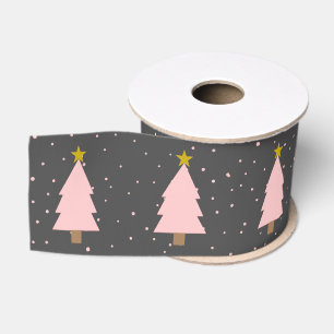 Pink Christmas Trees and Golden Stars on Deep Grey Grosgrain Ribbon