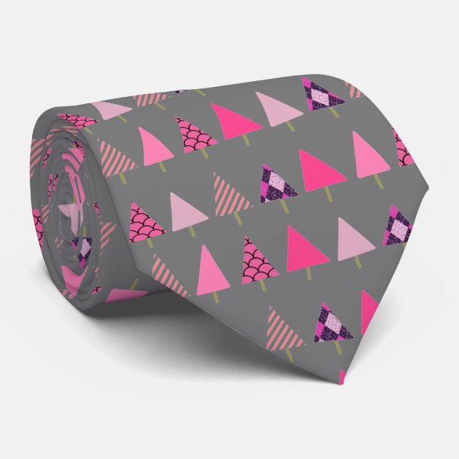 Pink Christmas Trees on Gray X-Mas Party Neck Tie (Rolled)