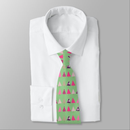 Pink Christmas Trees on Mint Green Christmas Party Neck Tie