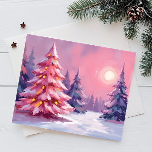 Pink Christmas Trees Pastel Winter Watercolor Holiday Card
