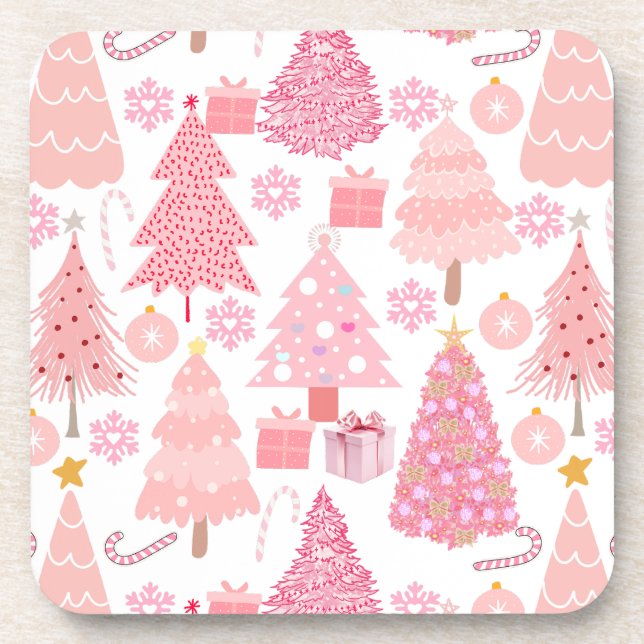 Pink Christmas Trees Pattern Beverage Coaster (Front)