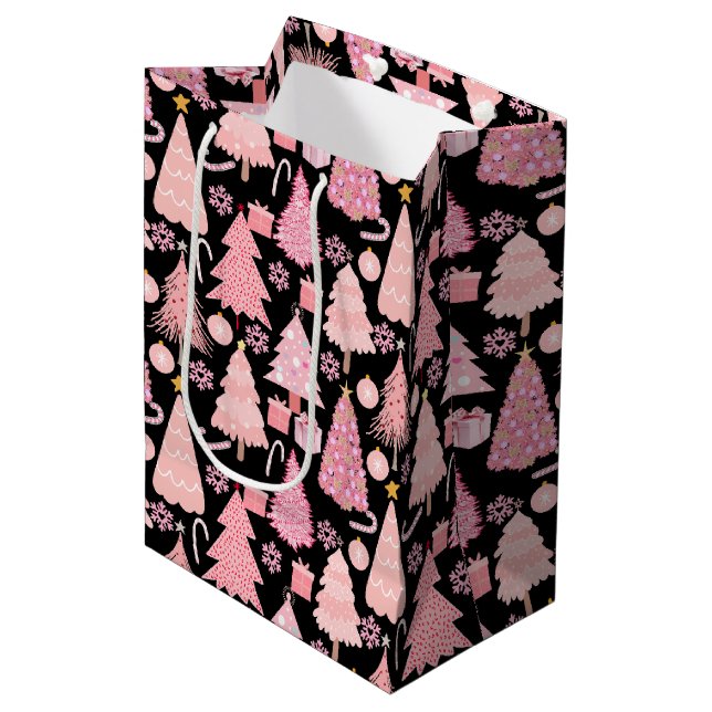 Pink Christmas Trees Pattern Black BG Medium Gift Bag (Front Angled)
