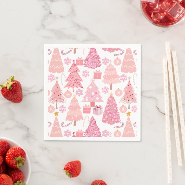 Pink Christmas Trees Pattern Napkins (Insitu)