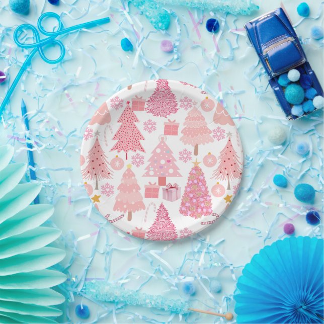 Pink Christmas Trees Pattern Paper Plates (Party)