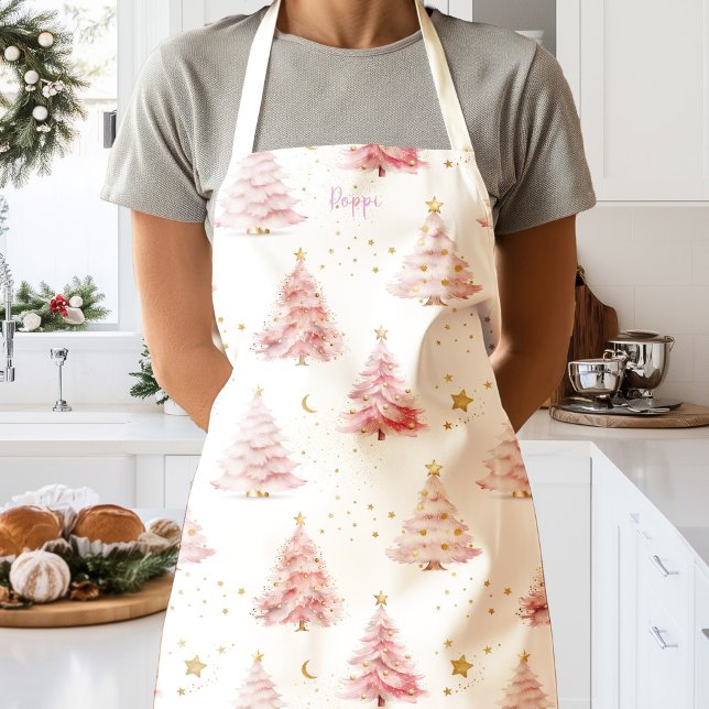 Pink Christmas Trees Personalized  Apron (Pink Christmas tree personalised holiday apron)