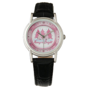 Pink Christmas Trees Round Holiday Design Watch