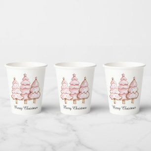 Pink Christmas Trees with Gold Stars Paper Cups