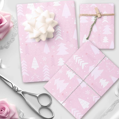 Pink Christmas trees Xmas wrapping paper sheets